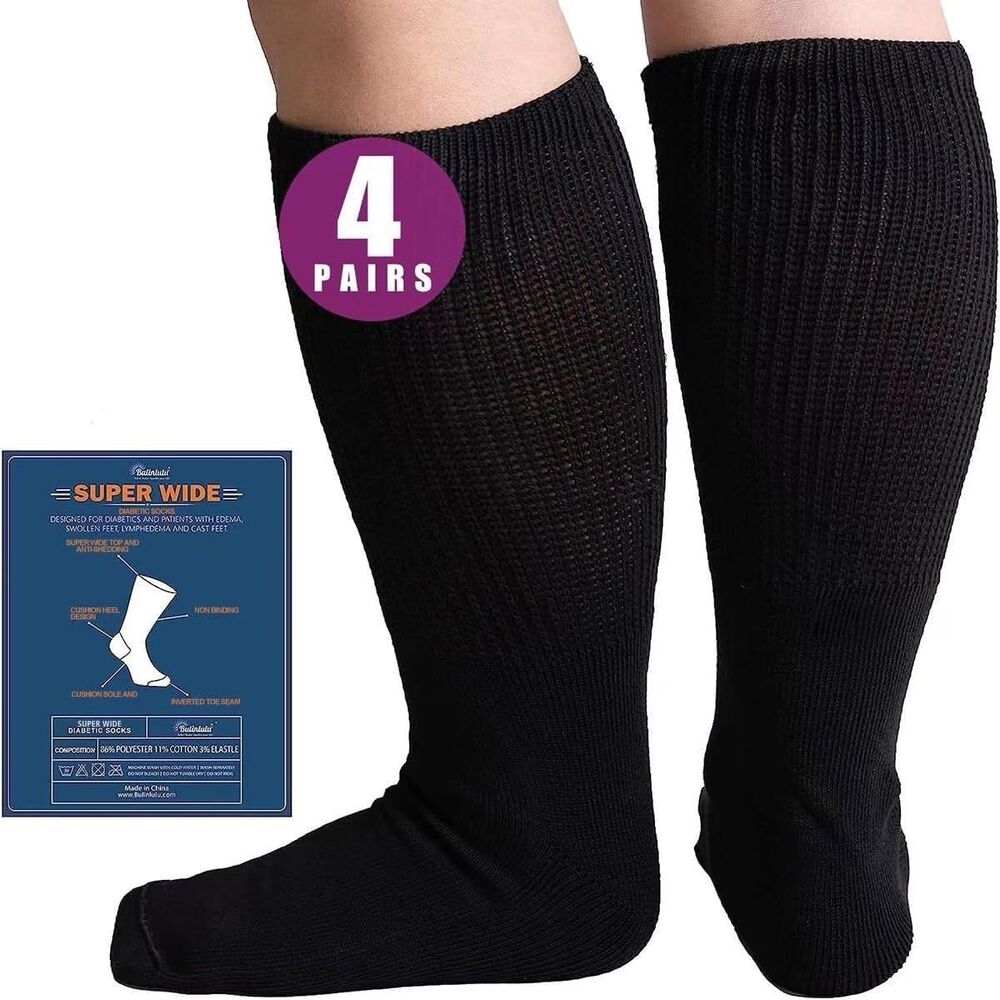 NEW Bulinlulu Diabetic Socks Super Wide 4 Pairs Black Unisex NIB Extra Width